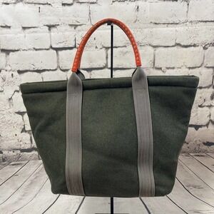 Gilli Wool Medium Tote Bag in Olive Green With‎ Orange Handles Made In Italy